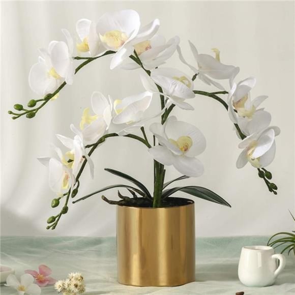 Artificial Orchid Flower with Vase, White Orchid Bonsai Faux Orchid Phalaenopsis - Picture 2 of 6